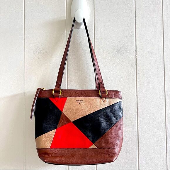 Fossil Brown Multicolored Leather Boho Patchwork Shopper Tote - Picture 1 of 14